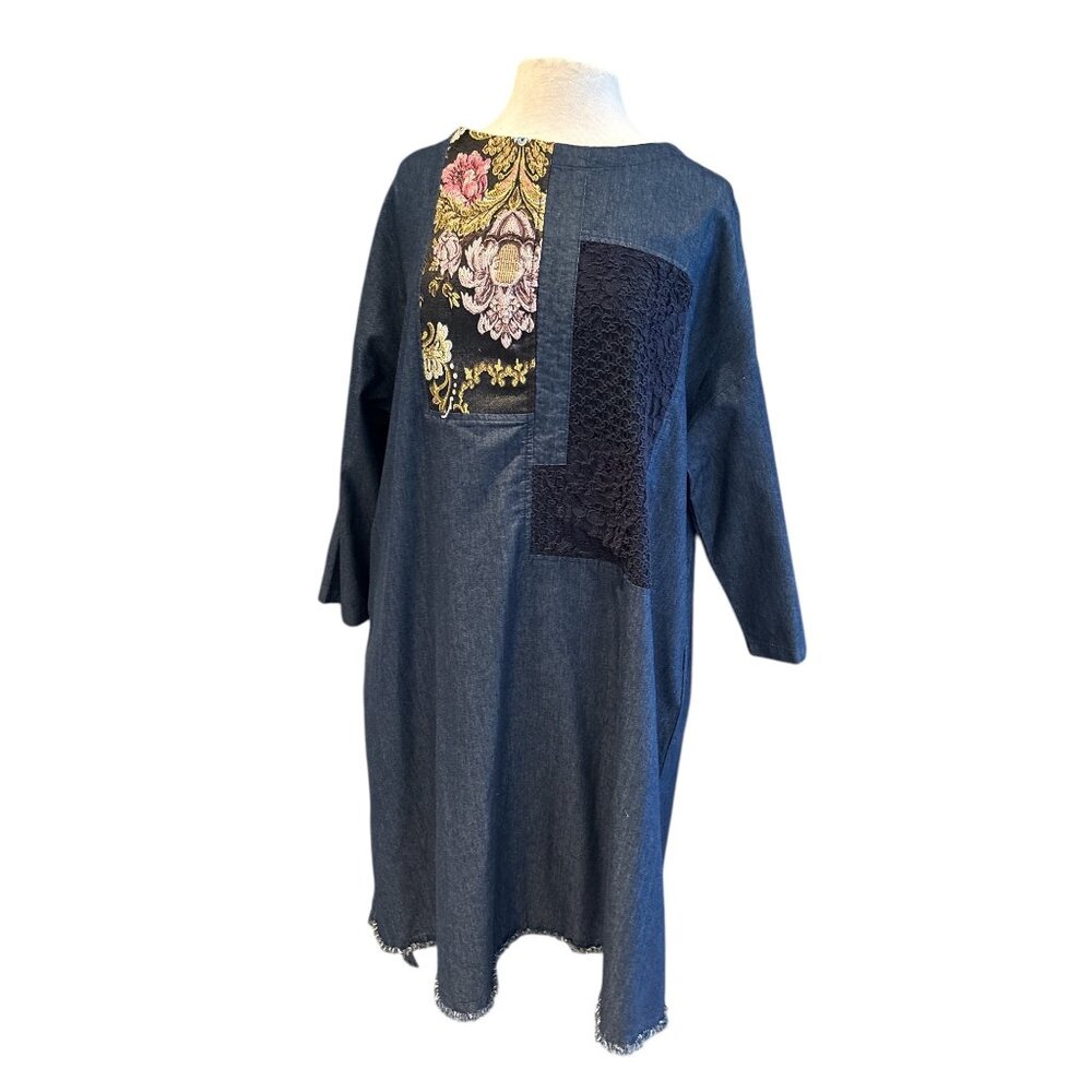 Denim Tunic Dress With Floral & Lace Patchwork By IXI - Loose Fit - Frayed Hem -